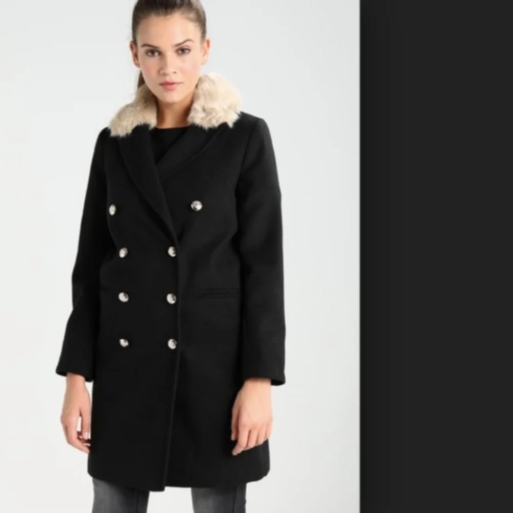 Topshop Nina Black Double-Breasted Slim Military Coat Faux Fur Collar Womens 4
